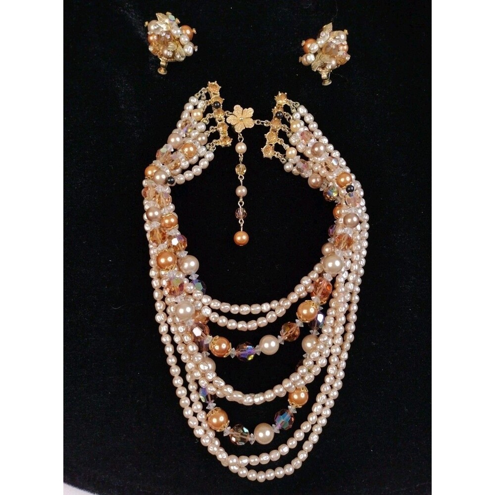 Vendome Vtg 7 Strand necklace Clip-on  earring set Champagne Amber Gold
